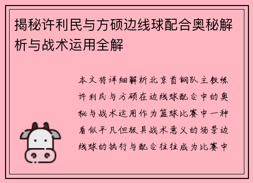 揭秘许利民与方硕边线球配合奥秘解析与战术运用全解