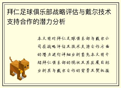 拜仁足球俱乐部战略评估与戴尔技术支持合作的潜力分析